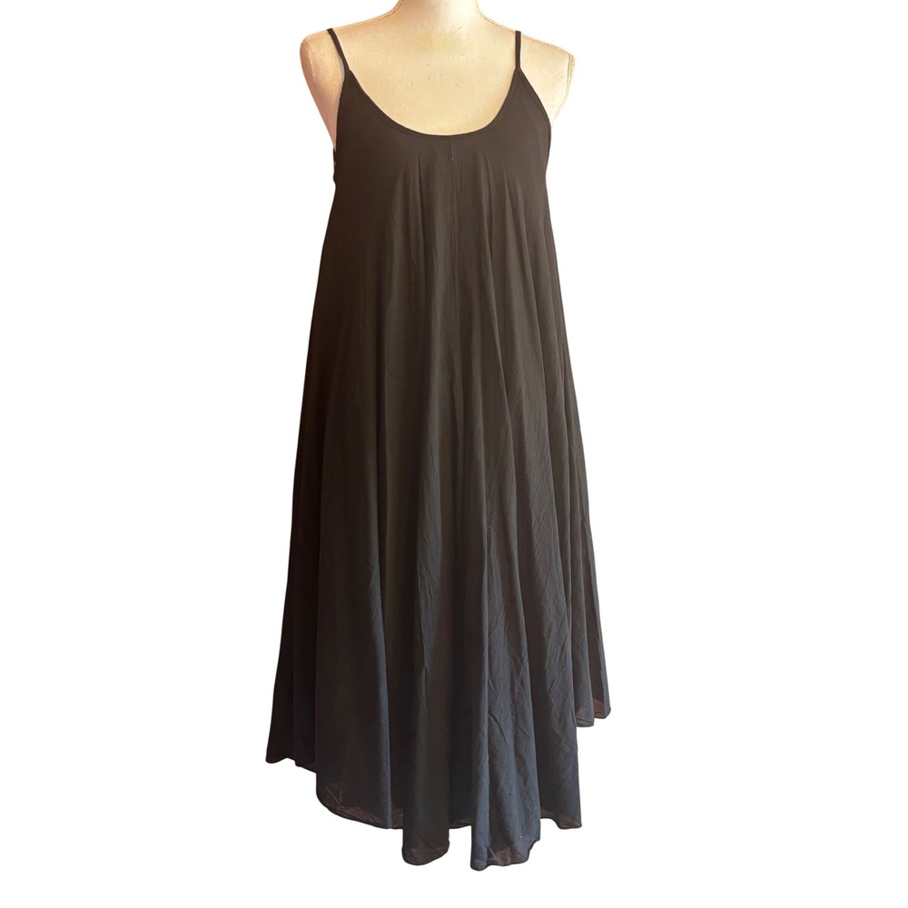 Made in Italy Black Cotton Trapeze Midi Dress Spaghetti Strap Relaxed Boho Artsy